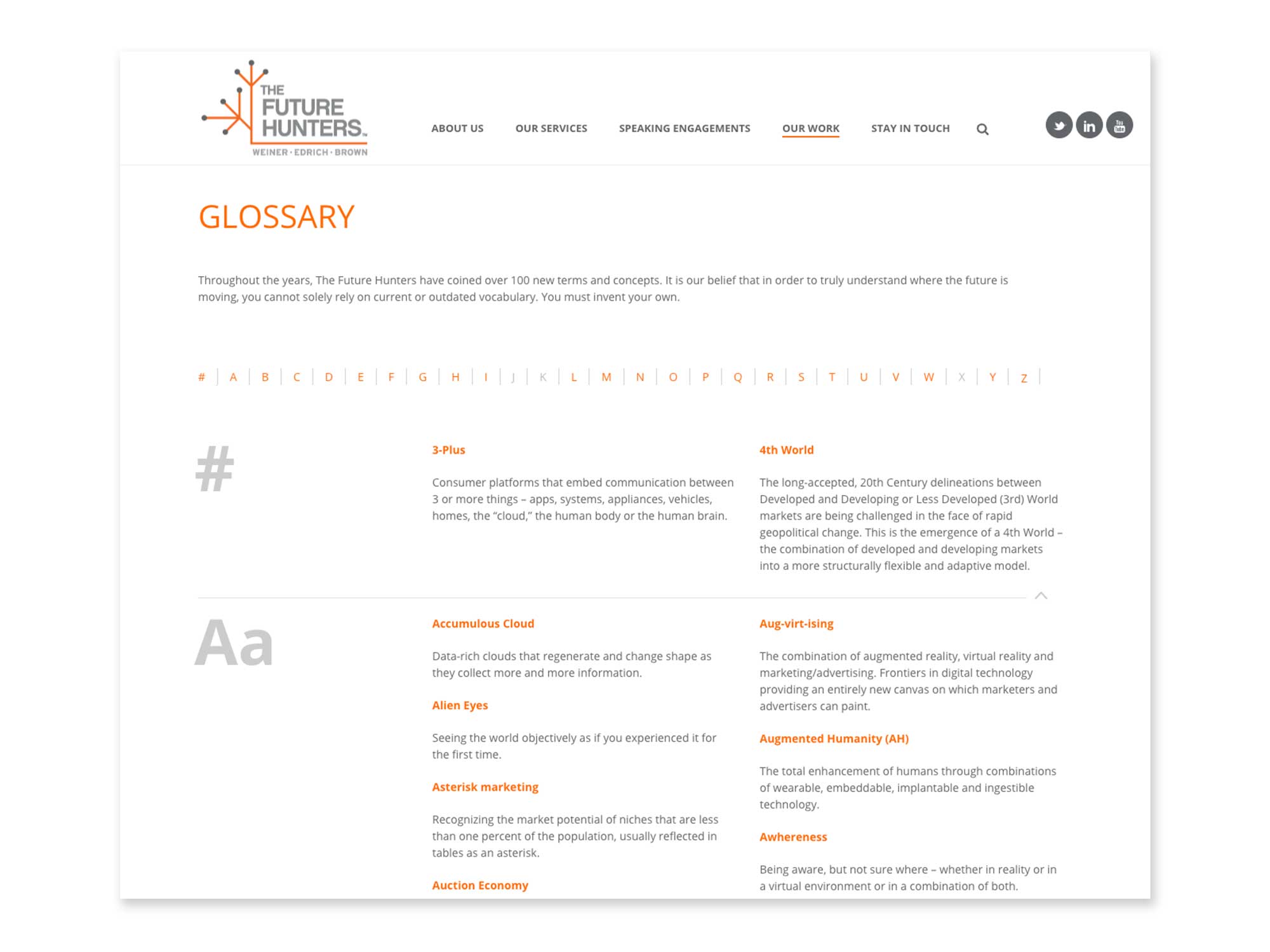 The Future Hunters glossary page design and development