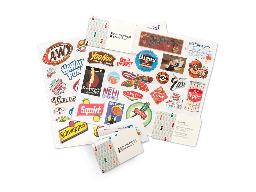 Dr Pepper Snapple Group promotional business card design that opens to reveal current and retro brands and assets available for licensing : alternatives : branding and design agency based in nyc
