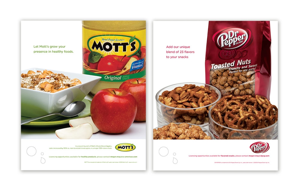 trade advertising campaign showcasing licensing opportunities - Mott's & Dr Pepper