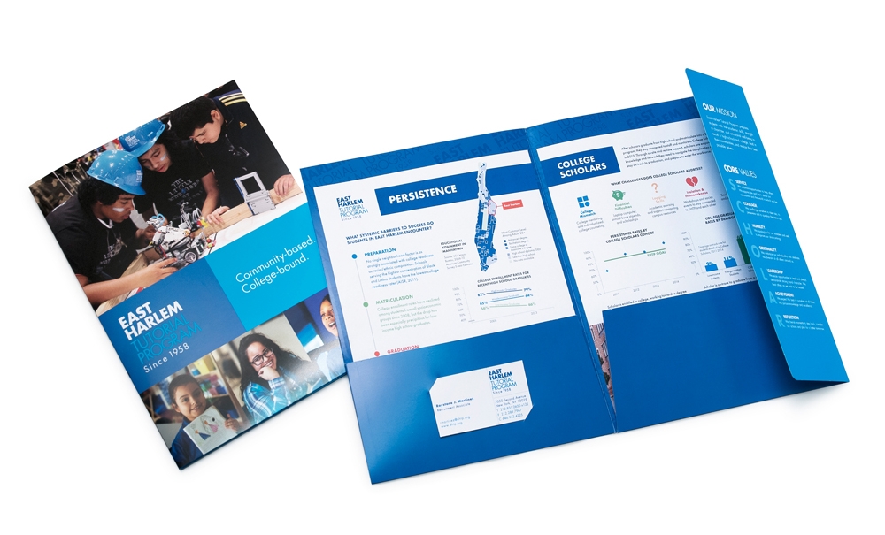 Presentation folder featuring the organization’s mission and core values