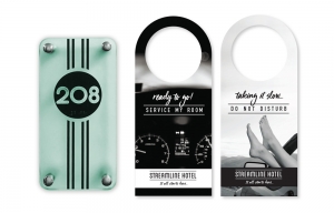 Race car inspired room signage and “Do Not Disturb” door hanger