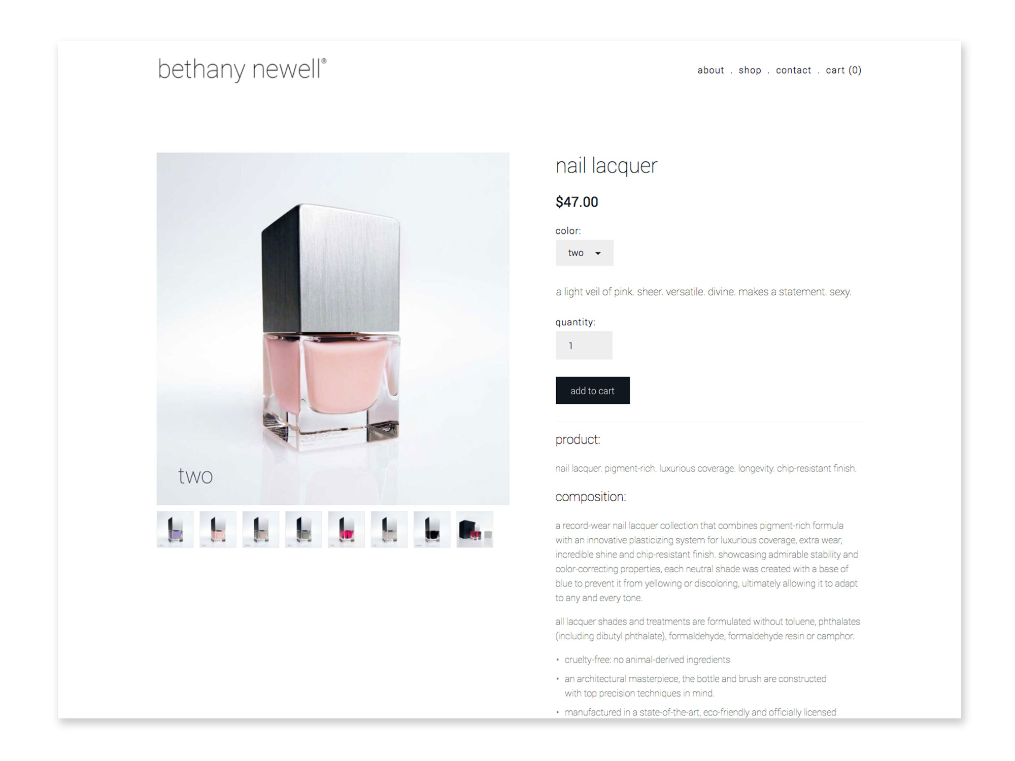 Bethany Newell Nail Lacquer Product Page creates a simple shopping interface and highlights these meticulously hand blended colors.