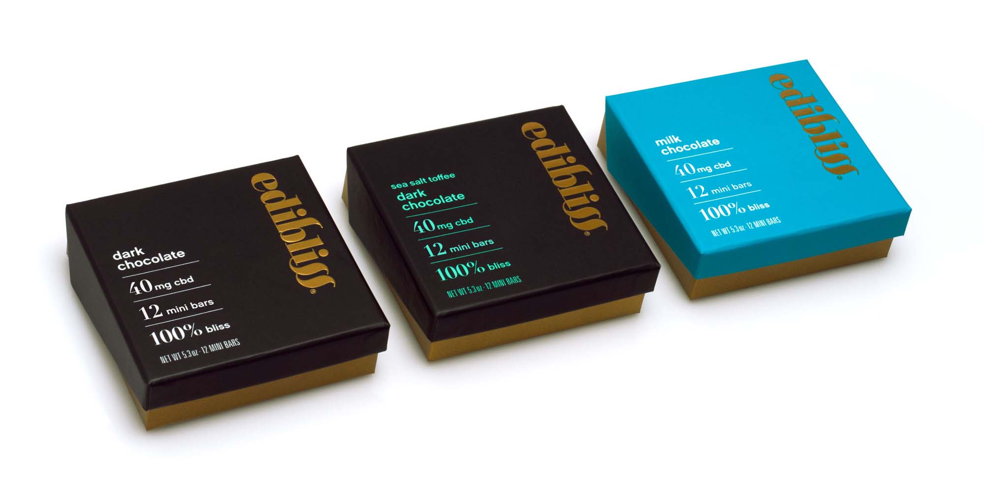the Edibliss CBD chocolate packaging is artisanal and sophisticated in design, utilizing a rich color palette paired with gold foil treatments to clearly communicate exceptional quality, flavor variations and wellness benefits.