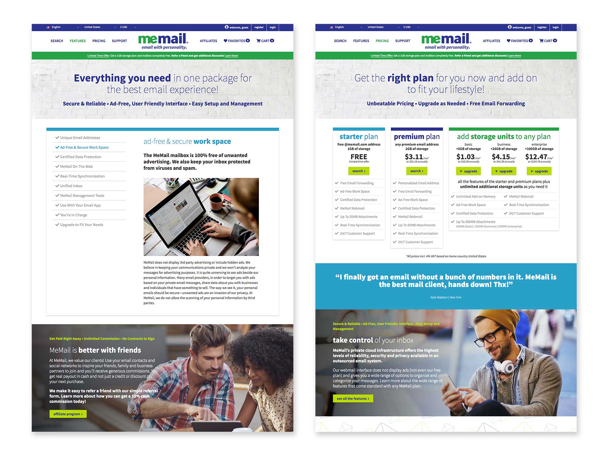Features and Pricing pages showcase the wide range of benefits and options that come with MeMail plans.