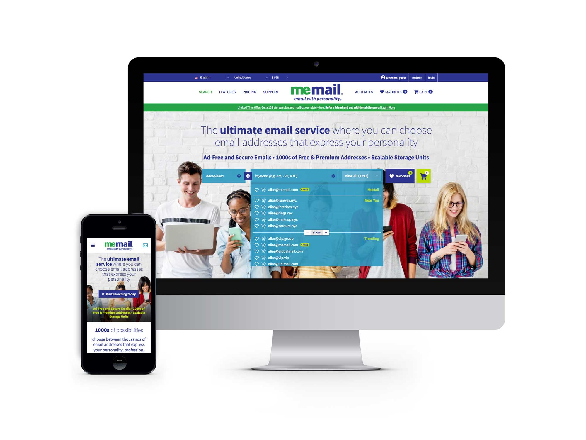 The website features an extensive search functionality, utilizing machine learning, so users can easily search and select from thousands of unique and meaningful email extensions.