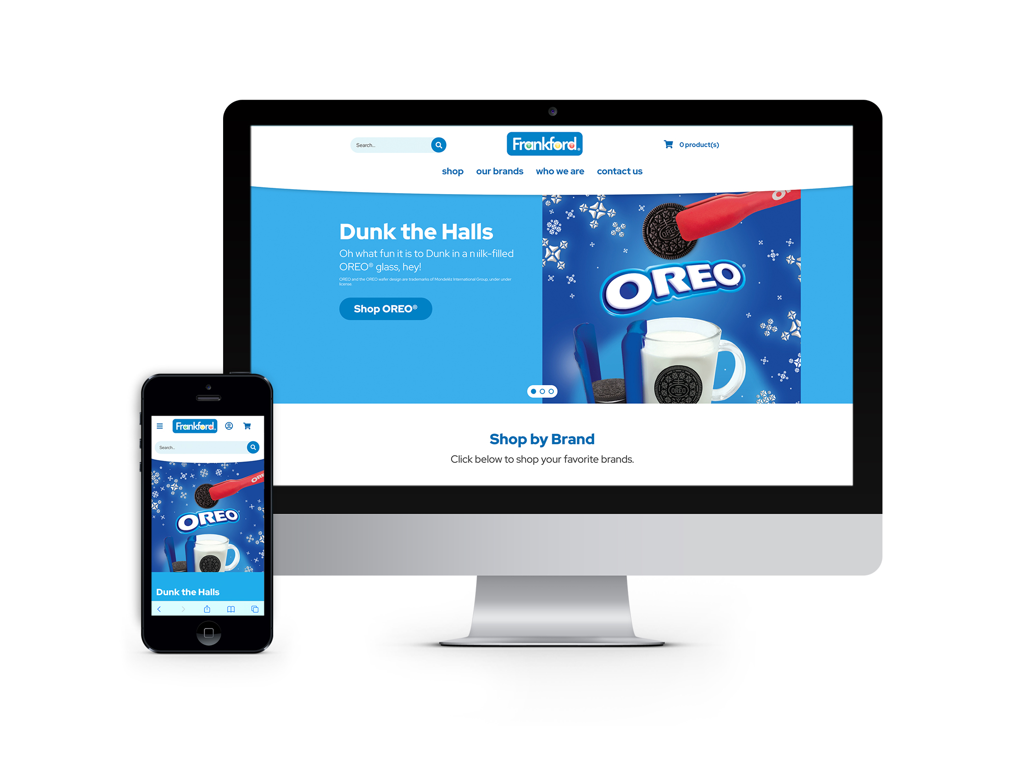 The Frankford Candy homepage shown on desktop and mobile. The smile shop design features bright colors and fun images and messaging to engage visitors, including various ways to shop that encourage exploration.