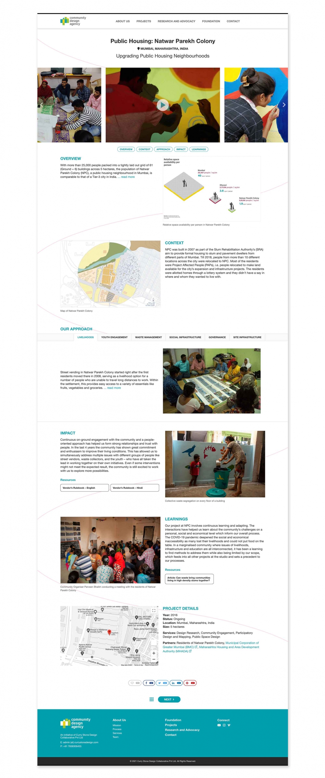 Project Pages highlight specific projects, providing context and approach, impact on the community, key learnings and project details.