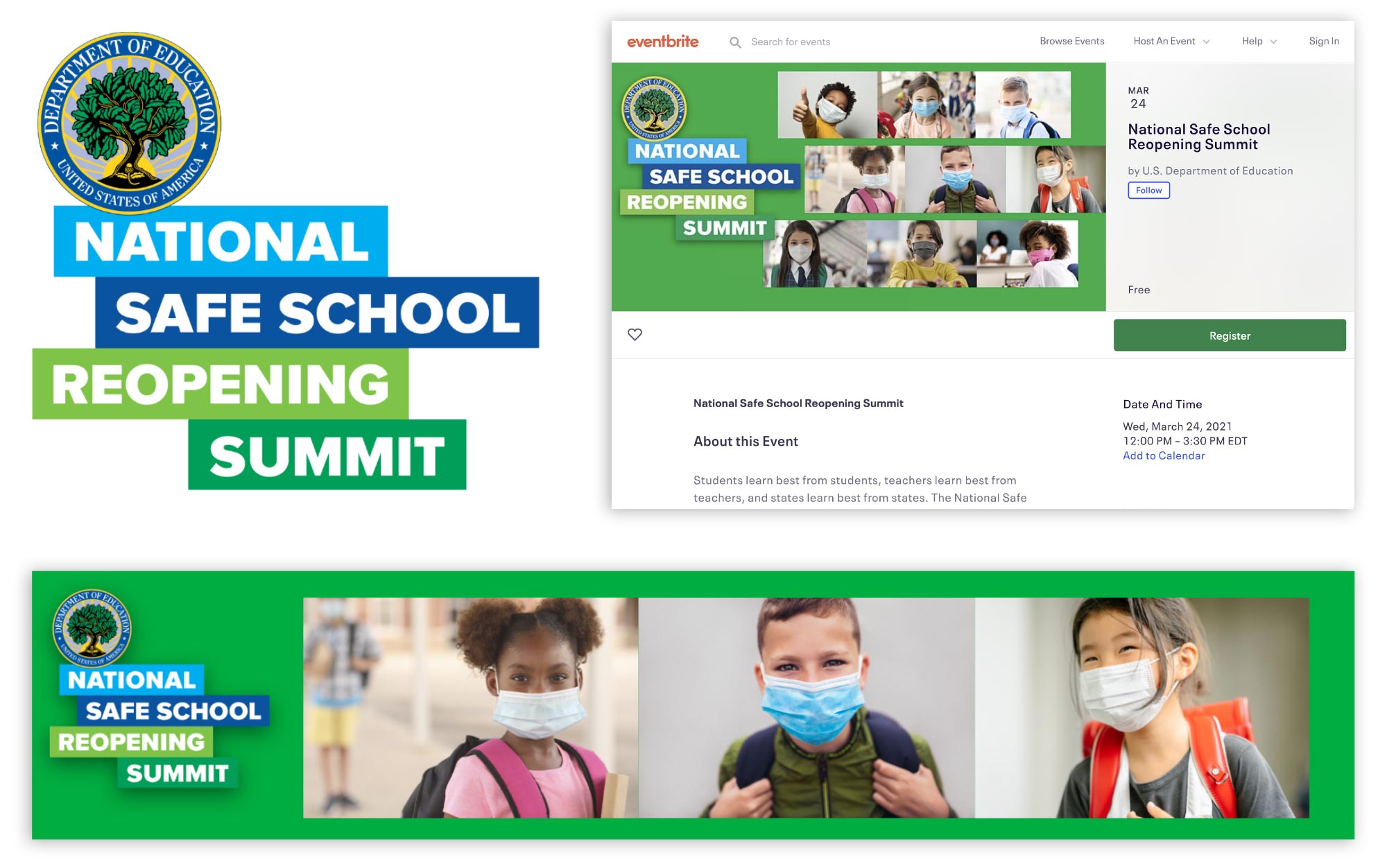 National Safe School Reopening Summit: Event identity, registration page and online header designs