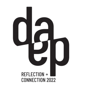 The characters in the DAAP logo mark create a reflective and connective form that expresses the theme and importance of cultural reflection and connection in DAAPworks. The logo mark is supported by the tagline: Reflection + Connection 2022.