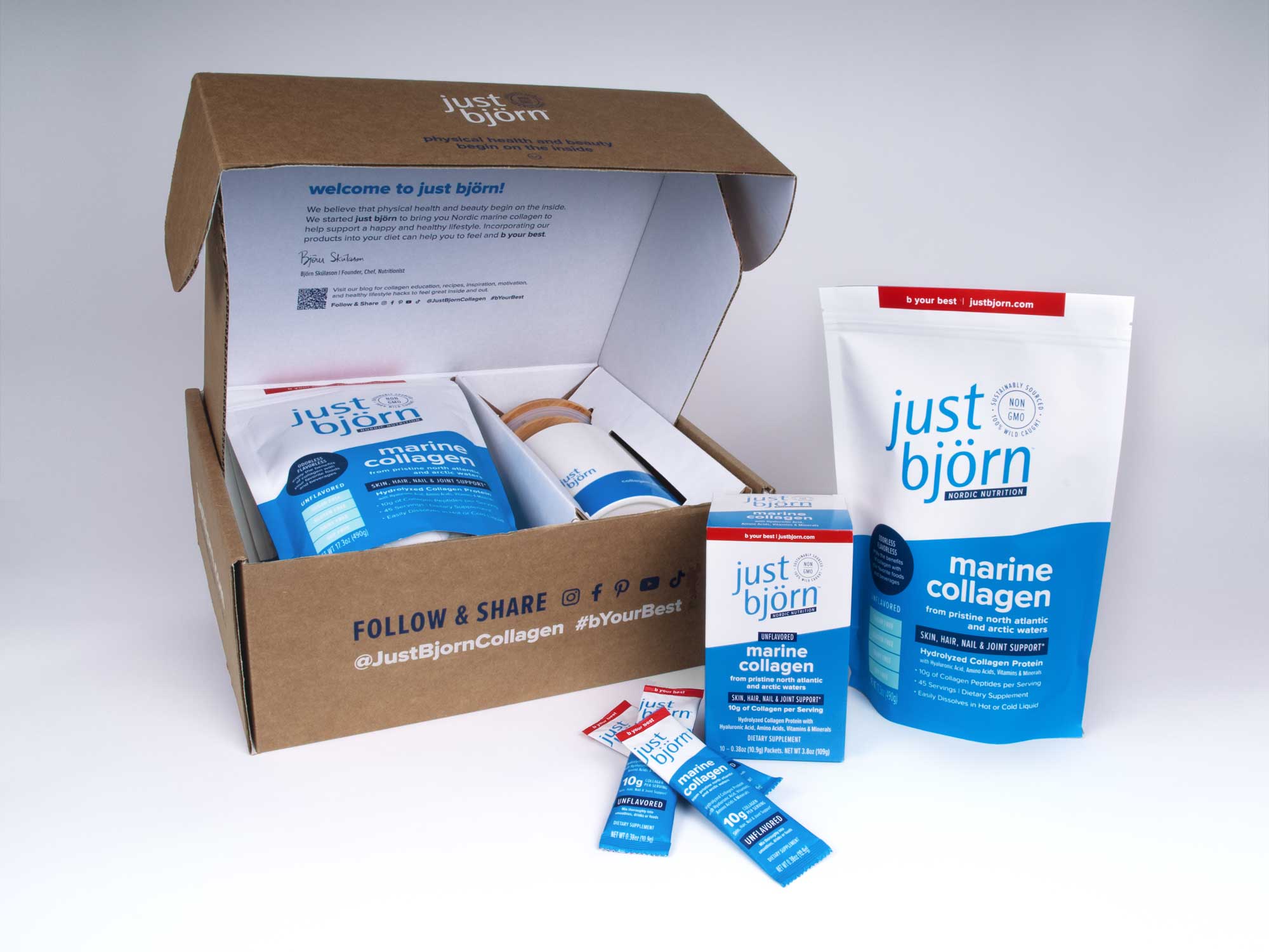 just bjorn packaging | starter kit, on-the-go stick packs marine collagen peptides