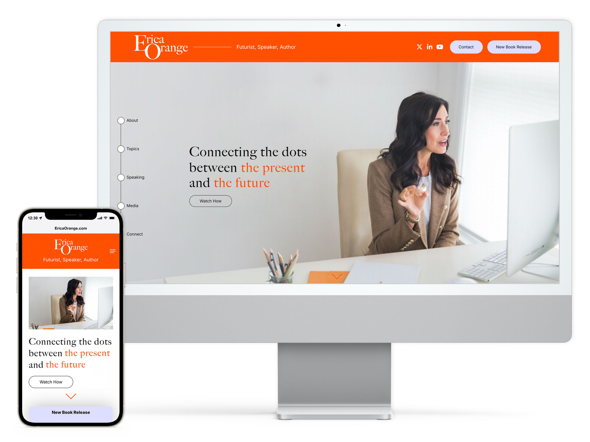 EricaOrange.com website shown on a desktop and mobile phone